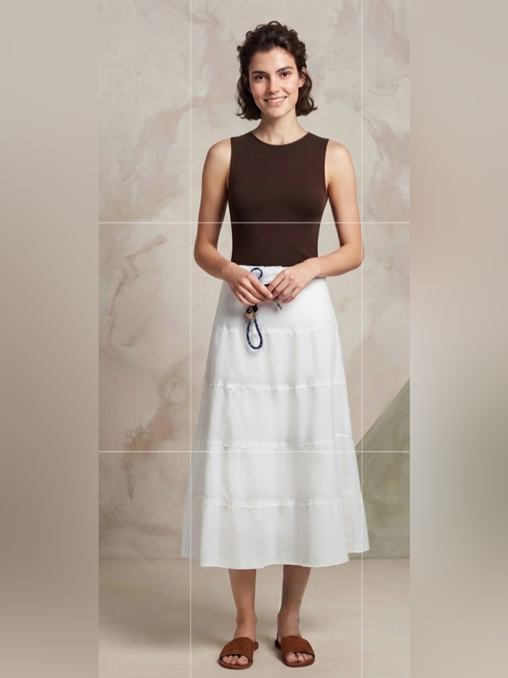 Metrowear Tiered Belted Linen/Rayon Maxi Skirt